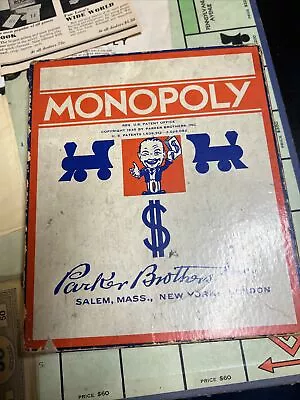 Vintage 1935 Parker Bros Monopoly Game. Original Pieces! Wooden Houses! • $100