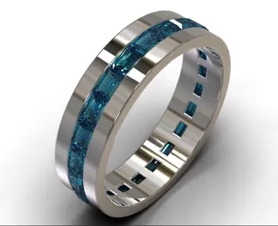 Created 3Ct Baguette Blue Sapphire Channel Eternity Men's Wedding Band In Silver • $170.19