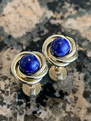 $1500 • Buy Tiffany & Co 14K Gold Lapis Lazuli Cabochon Love Twist Knot Studs Earrings 