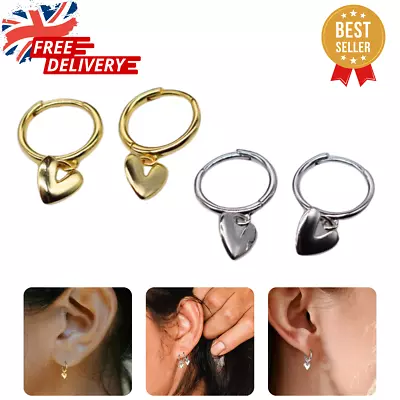 Hoop Earrings With Dangly Love Heart Sterling Silver 18k Gold Plated Small Cute • £6.26