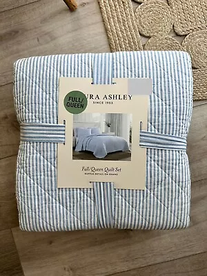 Laura Ashley Quilt F/Q Blue & White Oxford Stripe W/ 2 Matching Ruffle Shams • $125