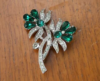 Vintage Signed Mazer Bros. Rhodium Plated Green Emerald Rhinestone Pin Brooch • $389