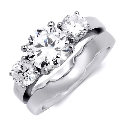 Women's 3.0 CT 3-Stone Engagement Ring Set W/ Matching Wedding Band Solid Silver • $92.11