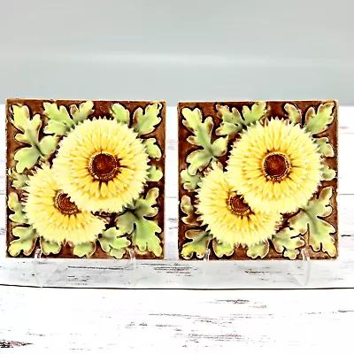 Antique A E Tile Company Sunflower Raised Textured Tiles Set Of 2 • $60.68