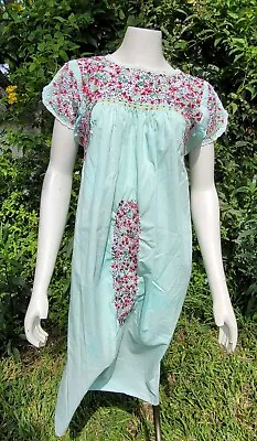 Vintage Mint Oaxacan Dress Floral Hand Embroidered Cotton Mexican Caftan Maxi • $89