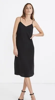 Madewell Women Silk Eva Side-Slit Slip Dress Size 14 Midi Black • $50