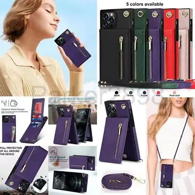 For IPhone 14 13 12 11 Pro XR XS Max 8 Plus Crossbody Strap Leather Wallet Case • $23.09