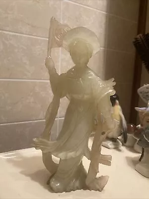 $150 • Buy Vintage Antique Chinese Natural Jade Carved Jade Green White Woman W Flag Sword