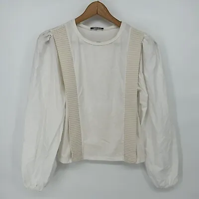 Zara Womens White Long Sleeve Pullover Combination Banded Top Shirt Size S • $11.40