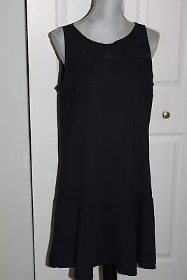 Loft Navy Blue Fit & Flare Dress Applique Sheer Shoulders Sleeveless Size L • $16.95