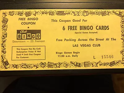 Vintage Las Vegas Club Bingo Expired Coupon 6 Free Bingo Cards 1970's • $14.95