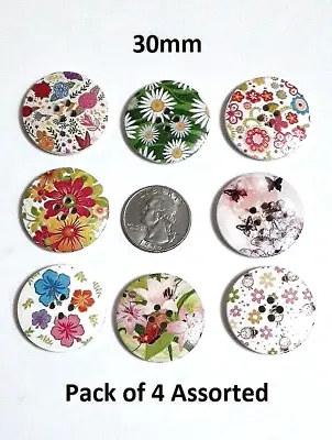 Pkg Of 4 Large ASSORTED FLOWERS 4-hole Wood Buttons 1-3/16  (30mm) Craft (9118) • $4.55