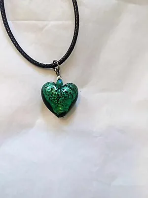 Beautiful Green Black Heart Art Glass Pendant/Necklace Great Stocking Stuffer • $3