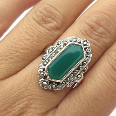 925 Sterling Silver Vintage Real Agate & Marcasite Statement Ring Size 7.25 • $59.95
