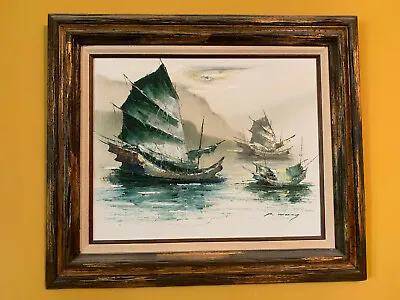 Vintage Chinese Trading Ships Junk Boat Sailing Vessels Painting By P. Wong • $650