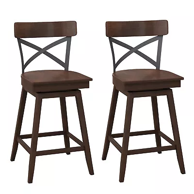 Set Of 2 Wooden Swivel Bar Stools Counter Height Kitchen Chairs W/ Back Brown • $149.99