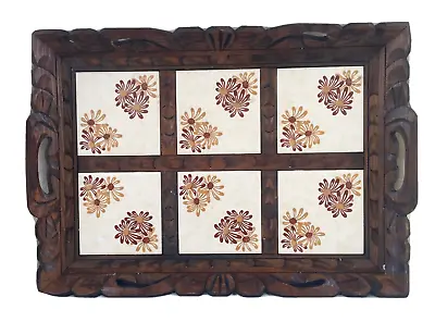 Vintage Mexican Hand Carved Wood Tray With Handles & Inlaid Tile 18  By 13  • $39