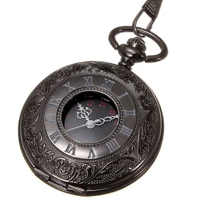 Retro Steampunk Pocket Watch Black Vintage Quartz Pendant Necklace Chain Gift • $9.07