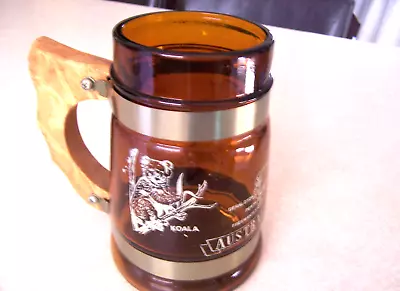 Vintage 1960/70's 'Australia' Souvenir Amber Glass Stein/Mug With Wooden Handle. • $18