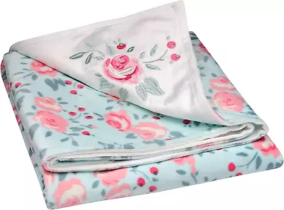 2 Ply Silky Mink Embroidered Baby Blanket Reversible Garden Rose Print (Aqu... • $23.99