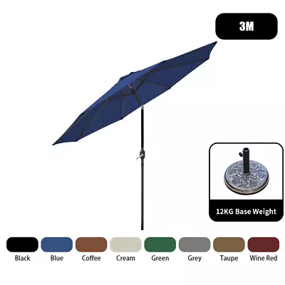 3M Round Garden Parasol Patio Sun Shade Canopy Umbrella Crank Tilt Base Cover • £71.95