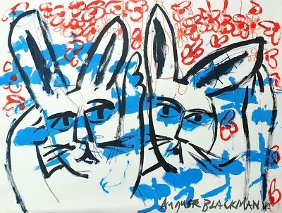 Auguste BLACKMAN Dueling Bunnies - Expressionist Rabbits Ink On Paper Whimsical • $834