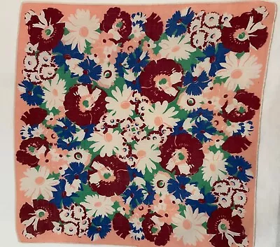 Vintage 12”burgundy Blue White Flowers On A Pink Linen Handkerchief  • $4.99