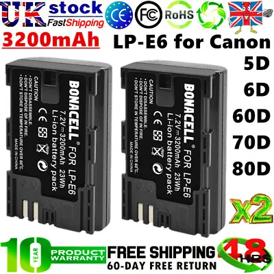 £17.99 • Buy 2x 3200mAh LP-E6 Replacement Battery For Canon EOS 5D Mark III 6D 60Da 70D 80D