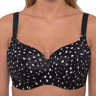 £14.95 • Buy Black Underwired Bra Full Cup Pink Hearts Ladies Large Bust Firm Hold Plus Size