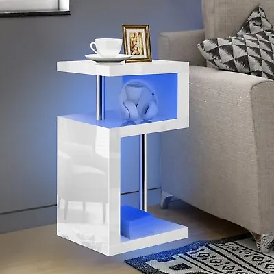 Side Table With 2 Tier Storage LED High Gloss Sofa End Coffee Table Living Room • £27.99