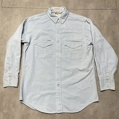 Vintage Carhartt Western Pearl Snap Denim Shirt Mens 16.5x33 Large Blue 70s Work • $26.24