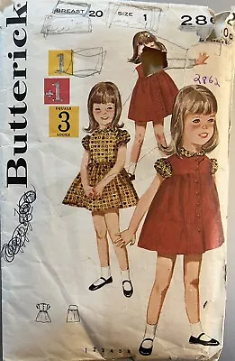 Vtg Butterick Pattern 2862 Girls' Dress W/ Puffed Sleeves & Smock Sz 1 Breast 20 • $1.99