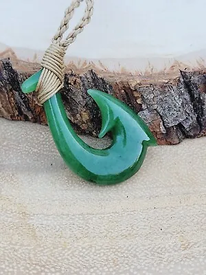 Hawaiian Natural Jade Hook Necklace - 1.5  Jade Fish Hook Adjustable Choker • $32.95
