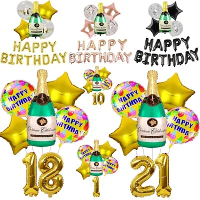 Happy Birthday Banner Balloons Champagne Birthday Balonns Helium Star Shape Uk • £6.49