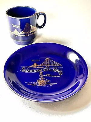 Vintage Mackinac Bridge Cup & Saucer Blue Mackinaw Michigan Souvenir Teacup • $17.99