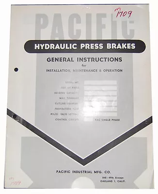 Pacific Hydraulic Press Brake Install Operation Maintenance Manual • $29