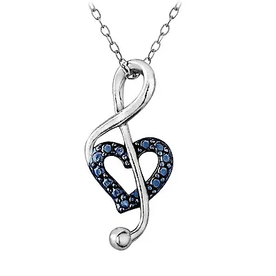 1ct Simulated Blue Diamond Music Note Heart Pendant 14K White Gold Plated Chain • $39.99