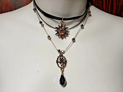 CELESTIAL MULTISTRAND NECKLACE Black Star Burst Sun Art Deco Bead Choker 6V • $14.99