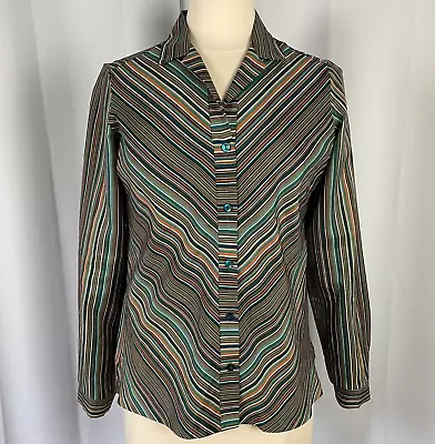 Vintage Top Blouse Womens Size Small Green Orange Stripe Long Sleeve Button Up • £17.36