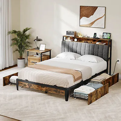 Queen Size Bed Frame Metal Platform Bed With Storage Drawers Headboard USB Ports • $224.99