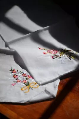 Vintage Set Of Two Red Pink Floral Unique Hand Embroidered Hankerchiefs Unused • $9.50