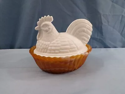 Westmoreland Rooster On The Nest Covered Candy Dish Caramel Slag & Milk Glass • $11.99