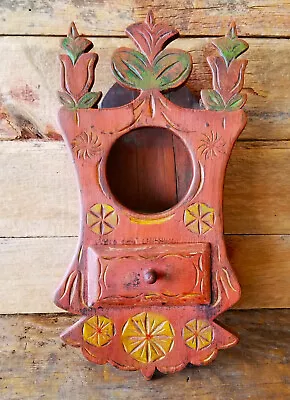 Rare PA GERMAN Antique Painted Folk Art Wall Box Carved Tulips Wooden Clock Case • $285