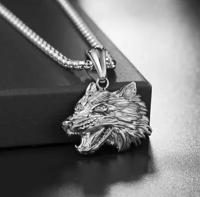 Men's Viking Wolf Fenrir Pendant Stainless Steel Celtic Nordic Amulet Necklace • £6.89