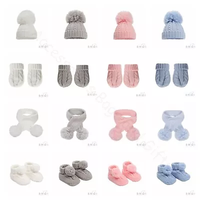 Baby Pom Pom Hat Scarf Mittens Booties Boy Girl Soft Cable Knit Elegance NB-24Ms • £5.90