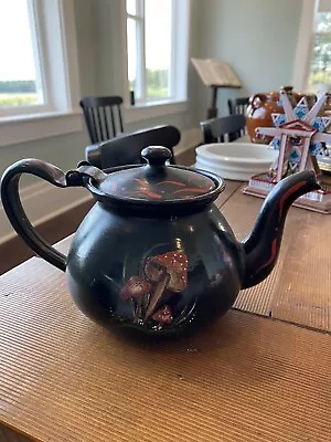 Folk Art Painted Metal Teapot With Mushrooms Signed • $30