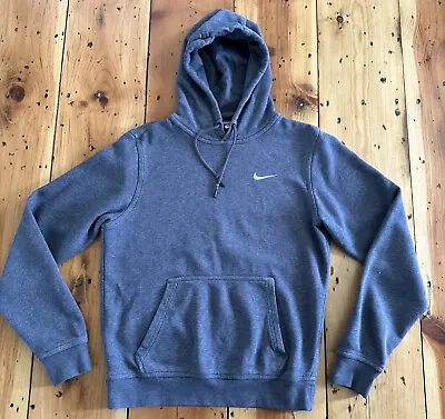 Vintage Style Nike Swoosh Hoodie Size S Dark Gray Fleece Pullover Sweatshirt • $20.89