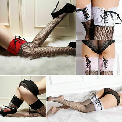 Sexy Lace Up Top Back Stockings Corset Fishnet Stocking Thigh High Hosiery UK • £5.19