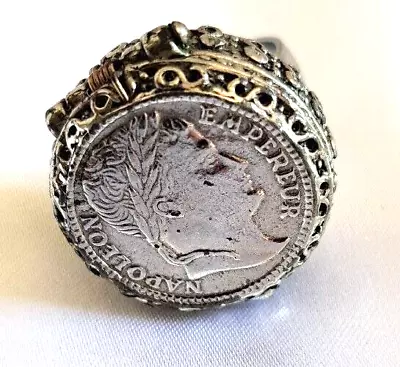 Vtg Napoleon Coin Poison Ring Unusual Faux CIRCO Sz 8.5 Adj Silver Tone HTF #25 • $75