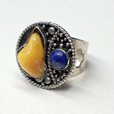 Vintage 925 Sterling Silver Lapis & Orange Stone Round Ring Band Size 7.5 6.65g • $15